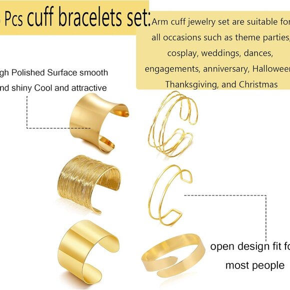 6pcs Gold Chunky Cuff Bracelets Set for Women - Adjustable Open Design Party Jew - Picture 2 of 7